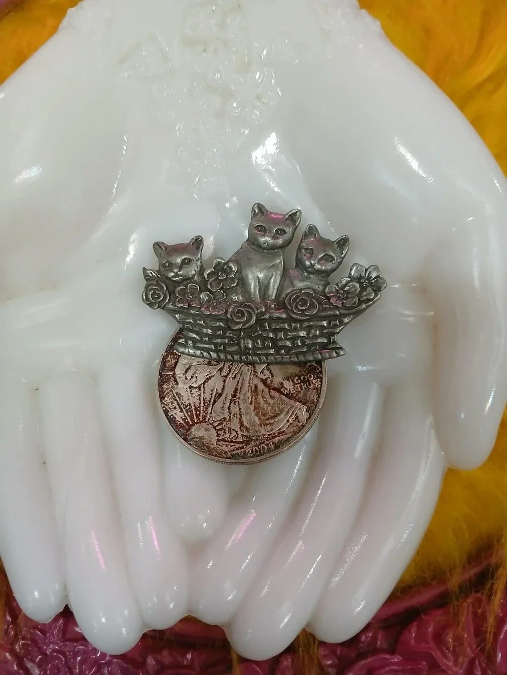 Vintage sterling Three Cats in a Basket Brooch